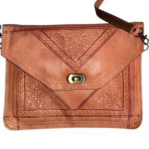 Moroccan NEW unused brown tooled leather convertible cross body wristlet bag